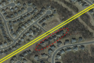Houses accessed via cul-de-sac are isolated by pipeline crossing cul-de-sac.  (Pipeline right-of-way is illustrated by yellow lines in picture.)