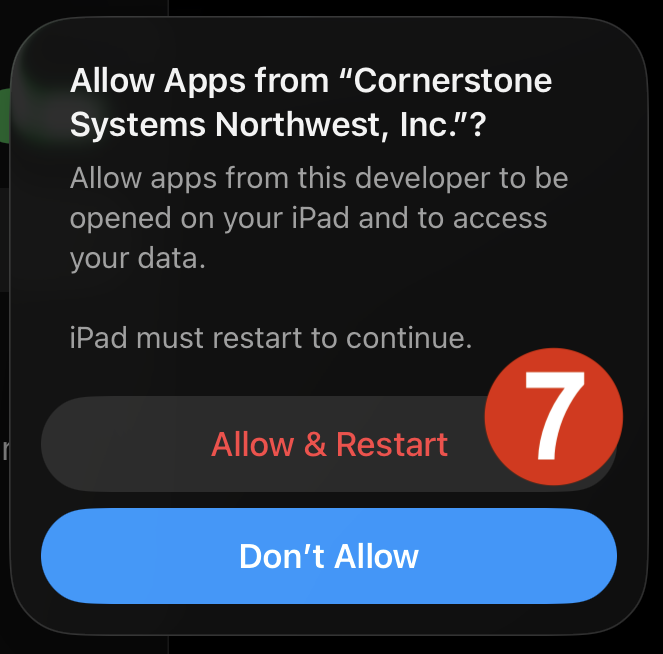 Allow Apps from Cornerstone Systems Northwest dialog: Click Allow & Restart