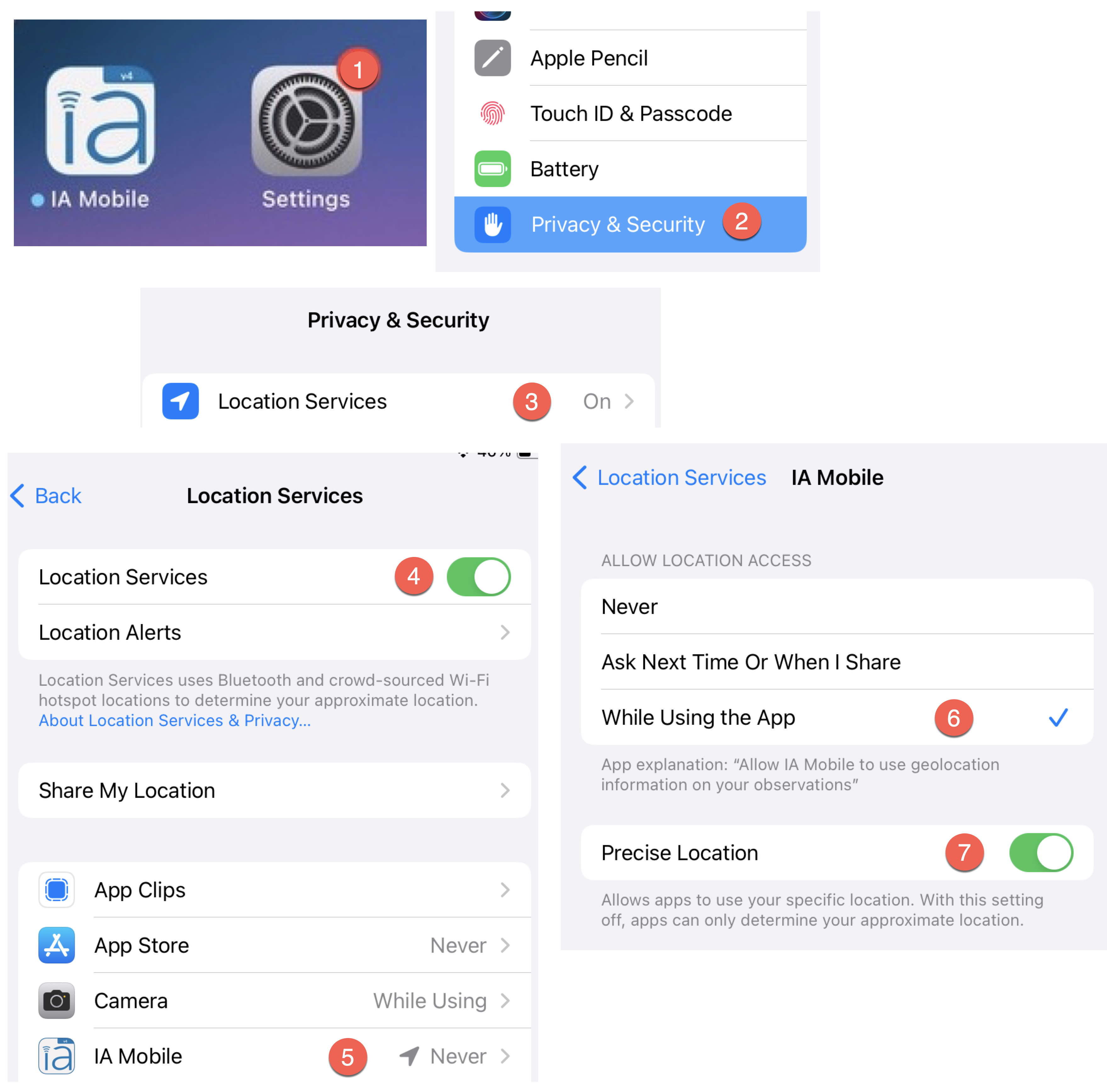 Location services settings with numbered steps