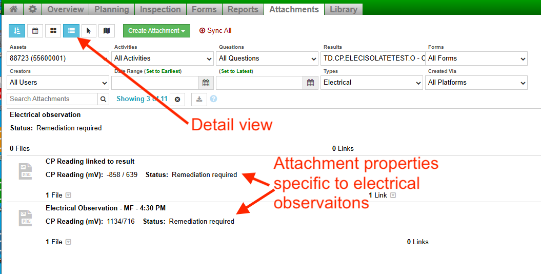 screen shot of Attachments window in detail view, showing attributes specific to the attachment type